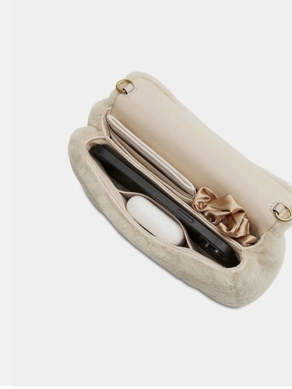 Coach Cream Shearling tabby chain crossbody 19 wristlet in shearling brass beige